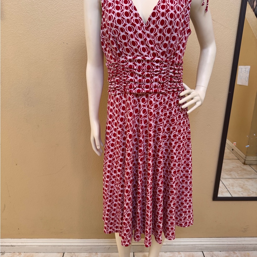 Sleeveless Red Circle-Print V-Neck Dress
